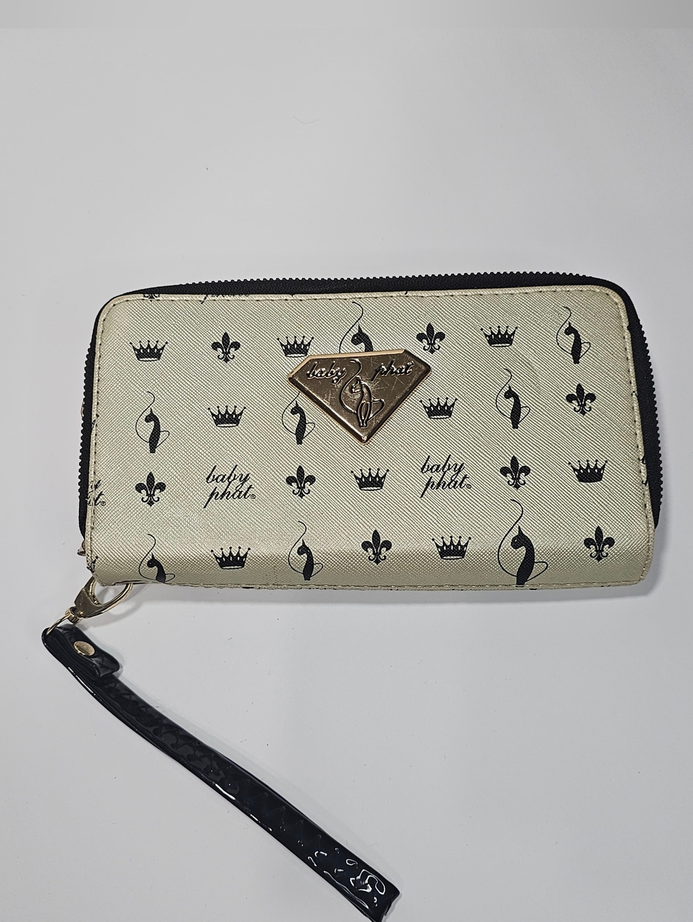 Baby Phat Monogram Double Zip Wristlet Wallet - Cream & Black Y2K